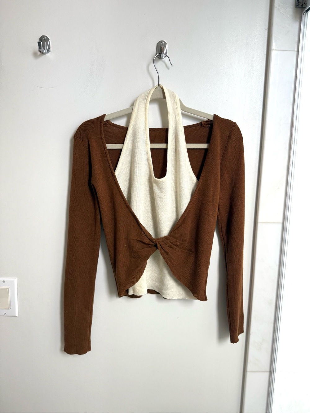Layered Twist Knit Top | Brown/Cream | Free Size